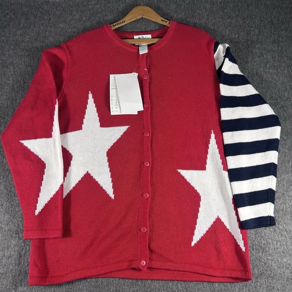 Quacker Factory American Flag Sweater Patriotic Cardigan  Red White & Blue SZ L - Picture 1 of 7